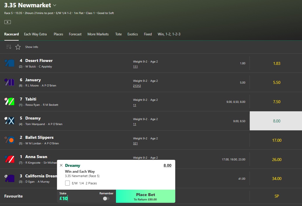 Bet365 3.35 at newmarket horse race card with the horse dreamy selected & a £10 stake entered into the betslip at odds of 8 with potential returns of £80